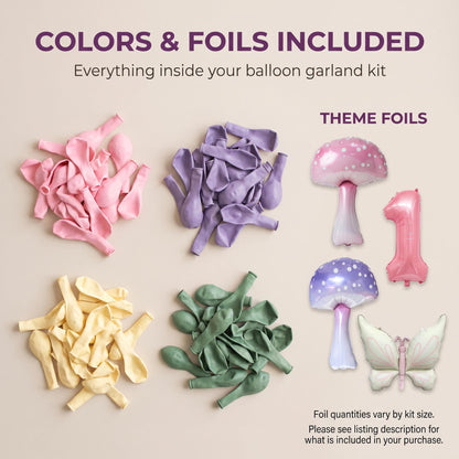 Latex colors and foil balloons included in the Fairy First Birthday balloon garland kit