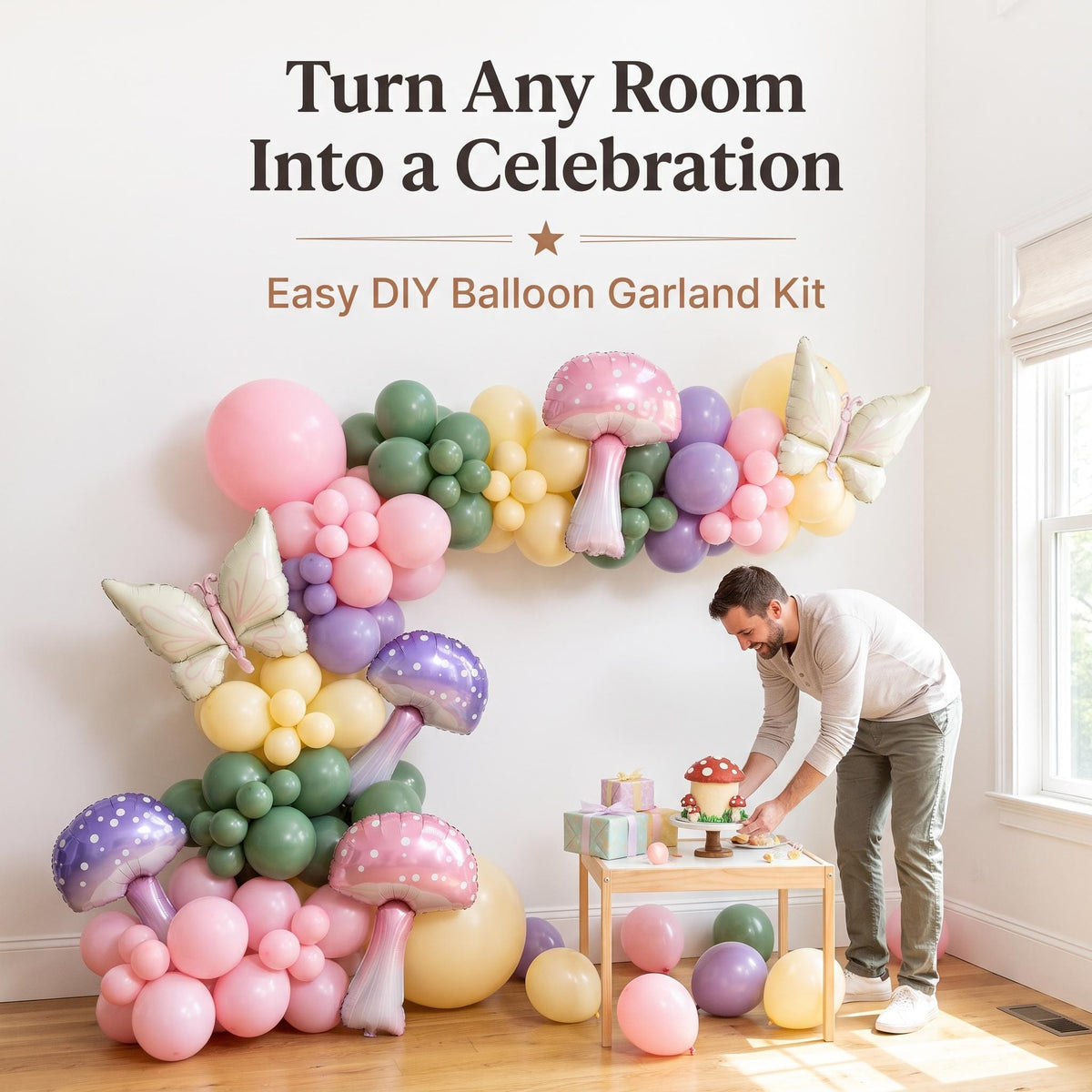 Fairy First Birthday balloon garland party setup