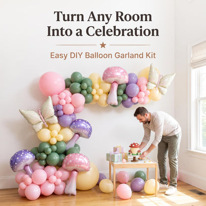 Fairy First Birthday balloon garland party setup