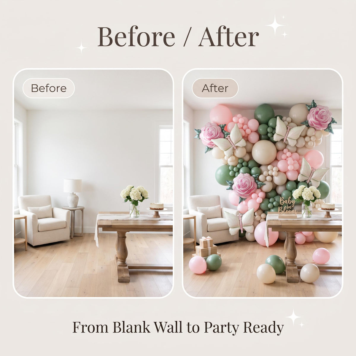 Before and after: a blank wall and the same wall with the Baby In Bloom balloon garland