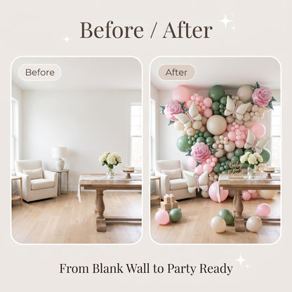Before and after: a blank wall and the same wall with the Baby In Bloom balloon garland