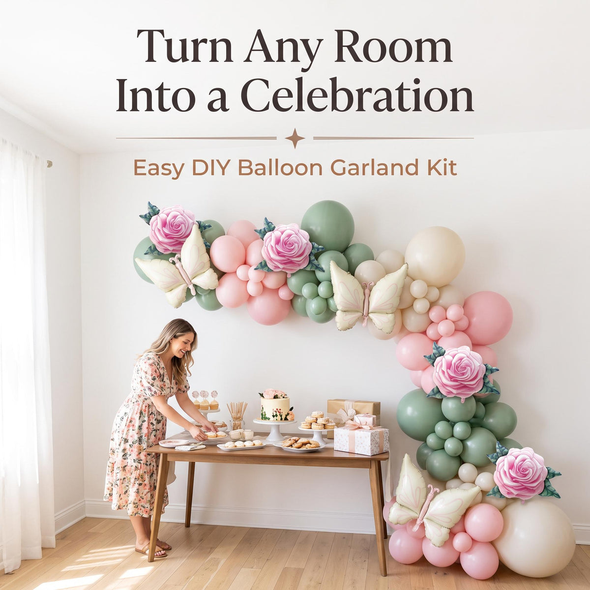 Baby In Bloom balloon garland party setup