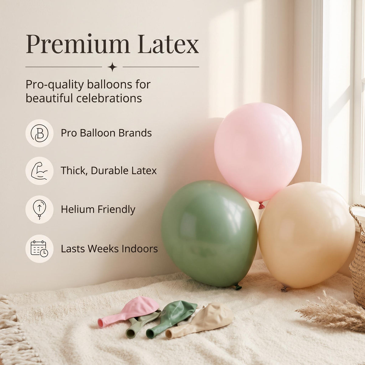 Premium latex balloons in the Baby In Bloom kit colors