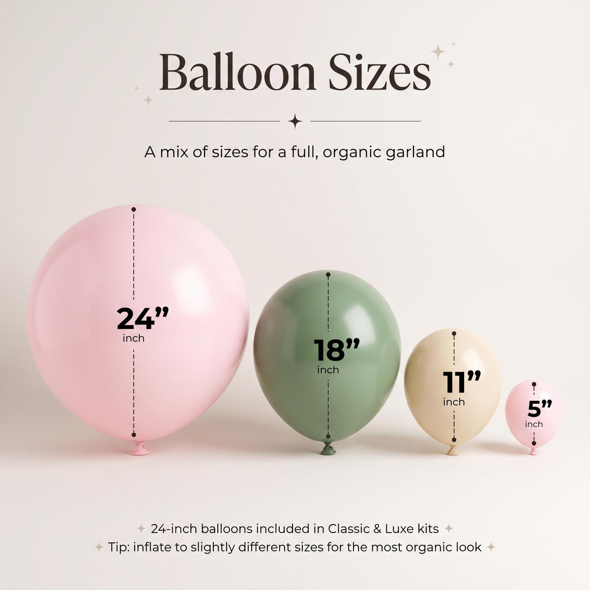 24, 18, 11 and 5 inch balloons in the Baby In Bloom kit colors
