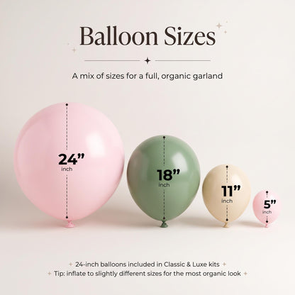 24, 18, 11 and 5 inch balloons in the Baby In Bloom kit colors