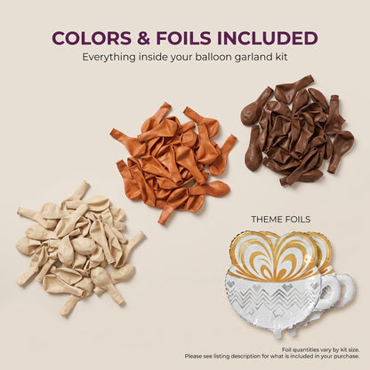 Latex colors and foil balloons included in the Baby Is Brewing balloon garland kit