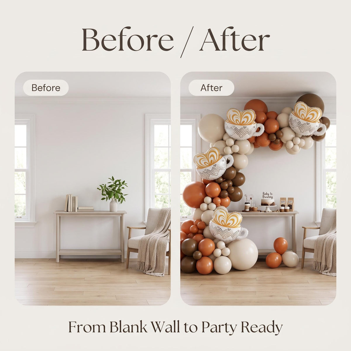 Before and after: a blank wall and the same wall with the Baby Is Brewing balloon garland