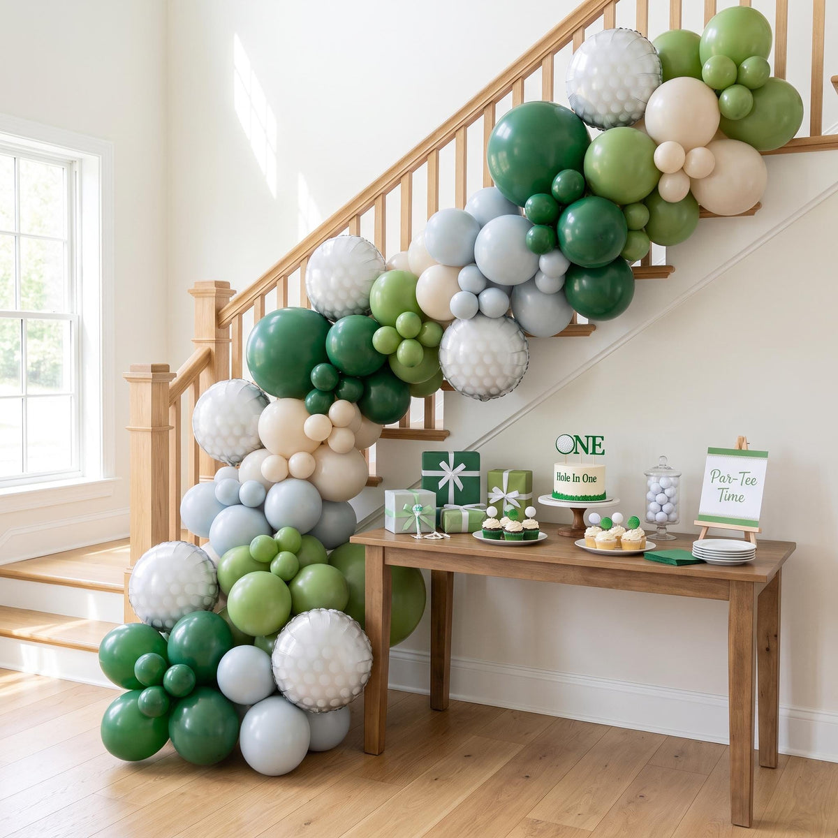 Hole In One (Golf) balloon garland installed on a wall at home
