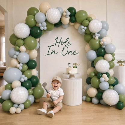 Hole In One (Golf) balloon garland styled at a party