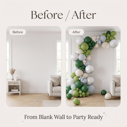 Before and after: a blank wall and the same wall with the Hole In One (Golf) balloon garland