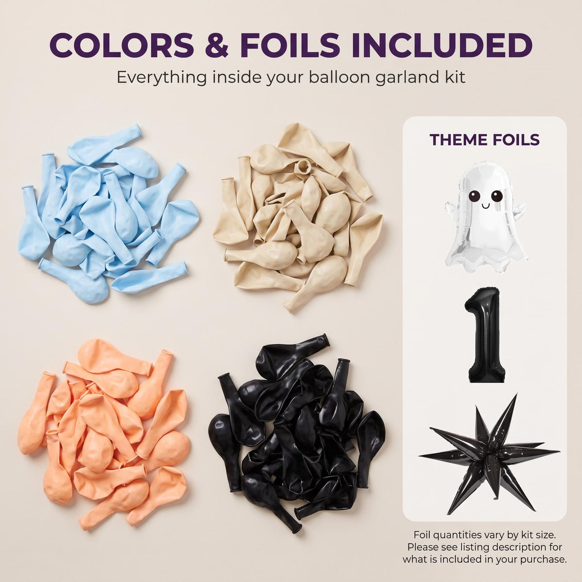 Latex colors and foil balloons included in the One Spooky Dude balloon garland kit