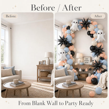 Before and after: a blank wall and the same wall with the One Spooky Dude balloon garland