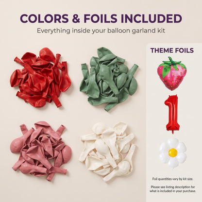 Latex colors and foil balloons included in the Berry First Birthday balloon garland kit
