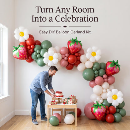 Berry First Birthday balloon garland party setup