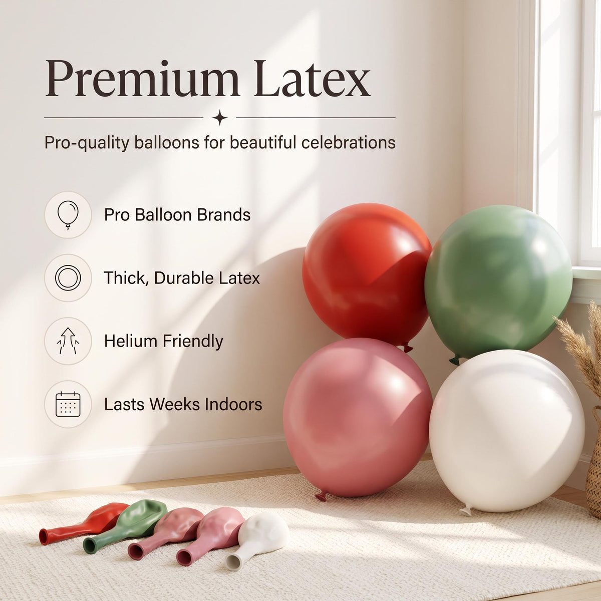 Premium latex balloons in the Berry First Birthday kit colors