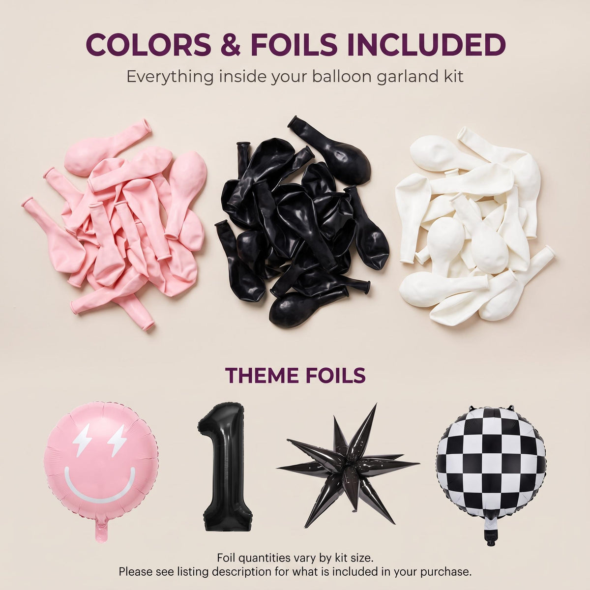 Latex colors and foil balloons included in the One Happy Girl (Pink) balloon garland kit