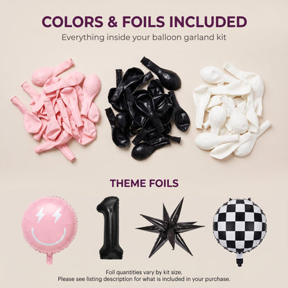 Latex colors and foil balloons included in the One Happy Girl (Pink) balloon garland kit