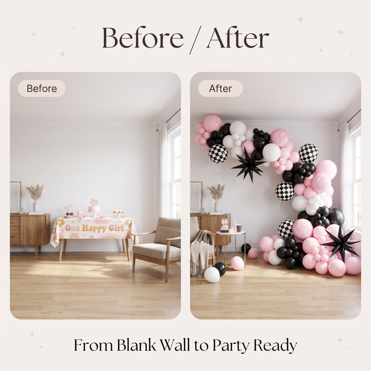 Before and after: a blank wall and the same wall with the One Happy Girl (Pink) balloon garland