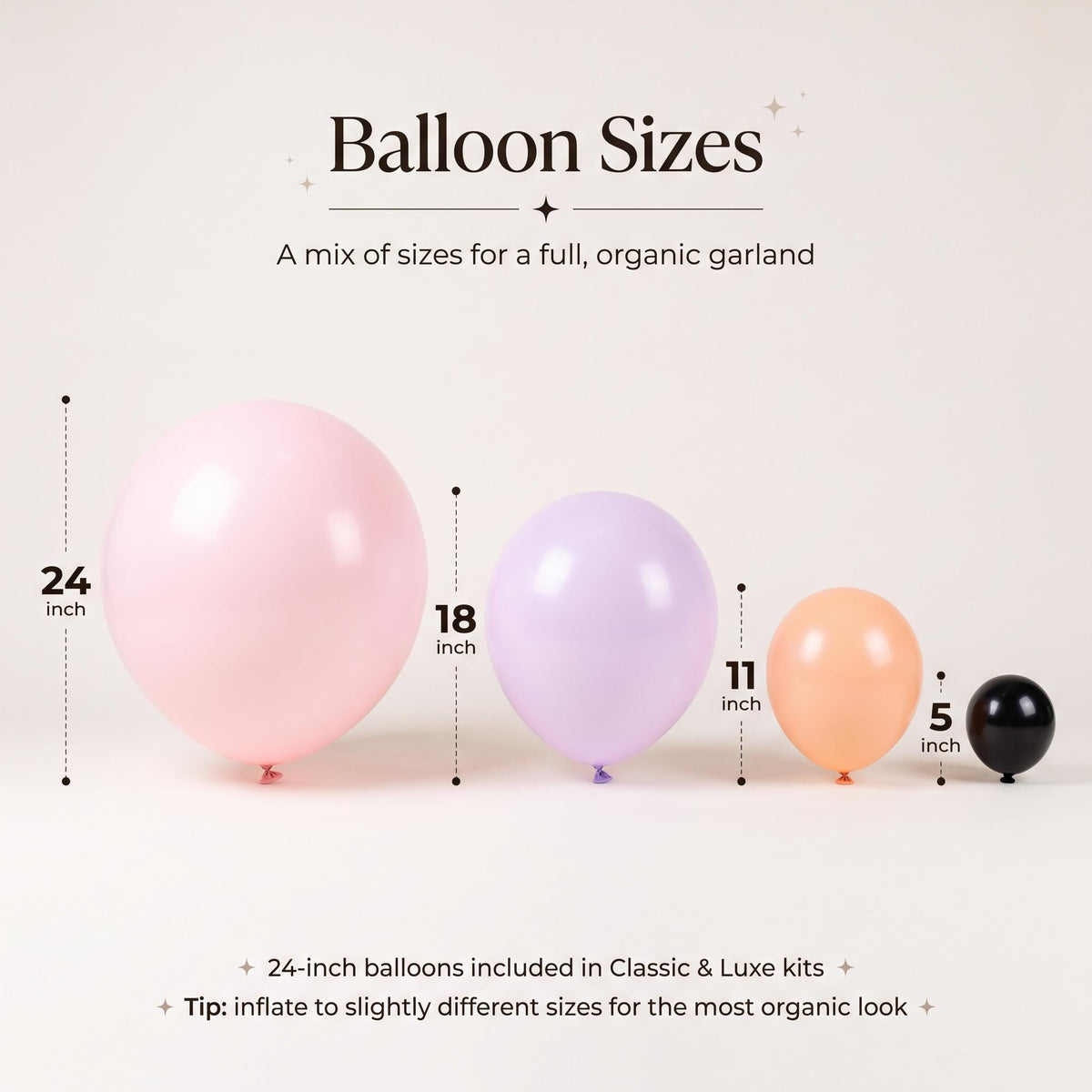 24, 18, 11 and 5 inch balloons in the Spooky One kit colors