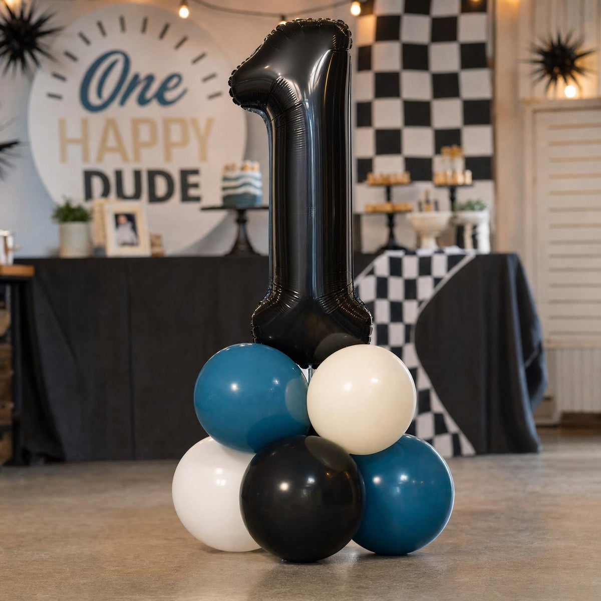 One Happy Dude (Blue Slate) balloon tower: 8 latex balloons topped with a Checker Orb foil