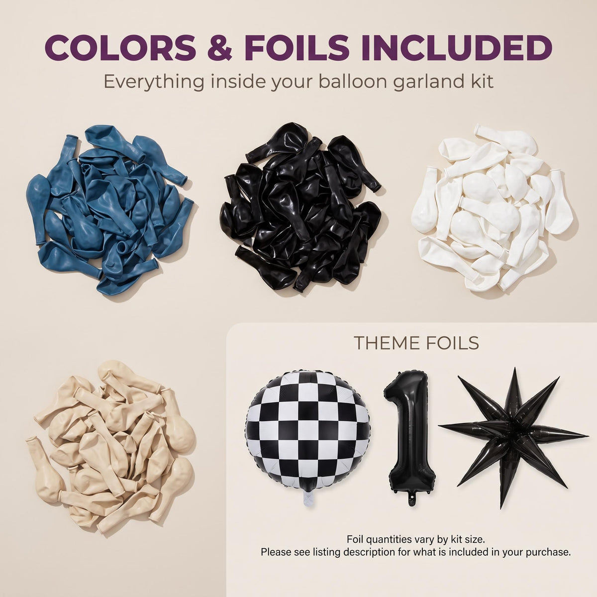 Latex colors and foil balloons included in the One Happy Dude (Blue Slate) balloon garland kit