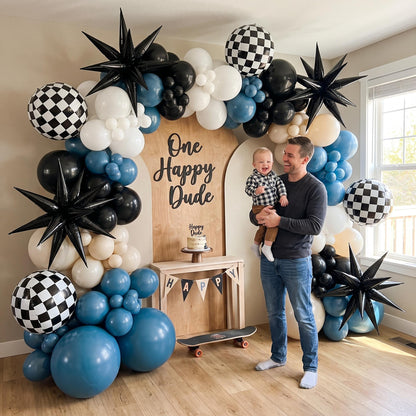 One Happy Dude (Blue Slate) balloon garland styled at a party