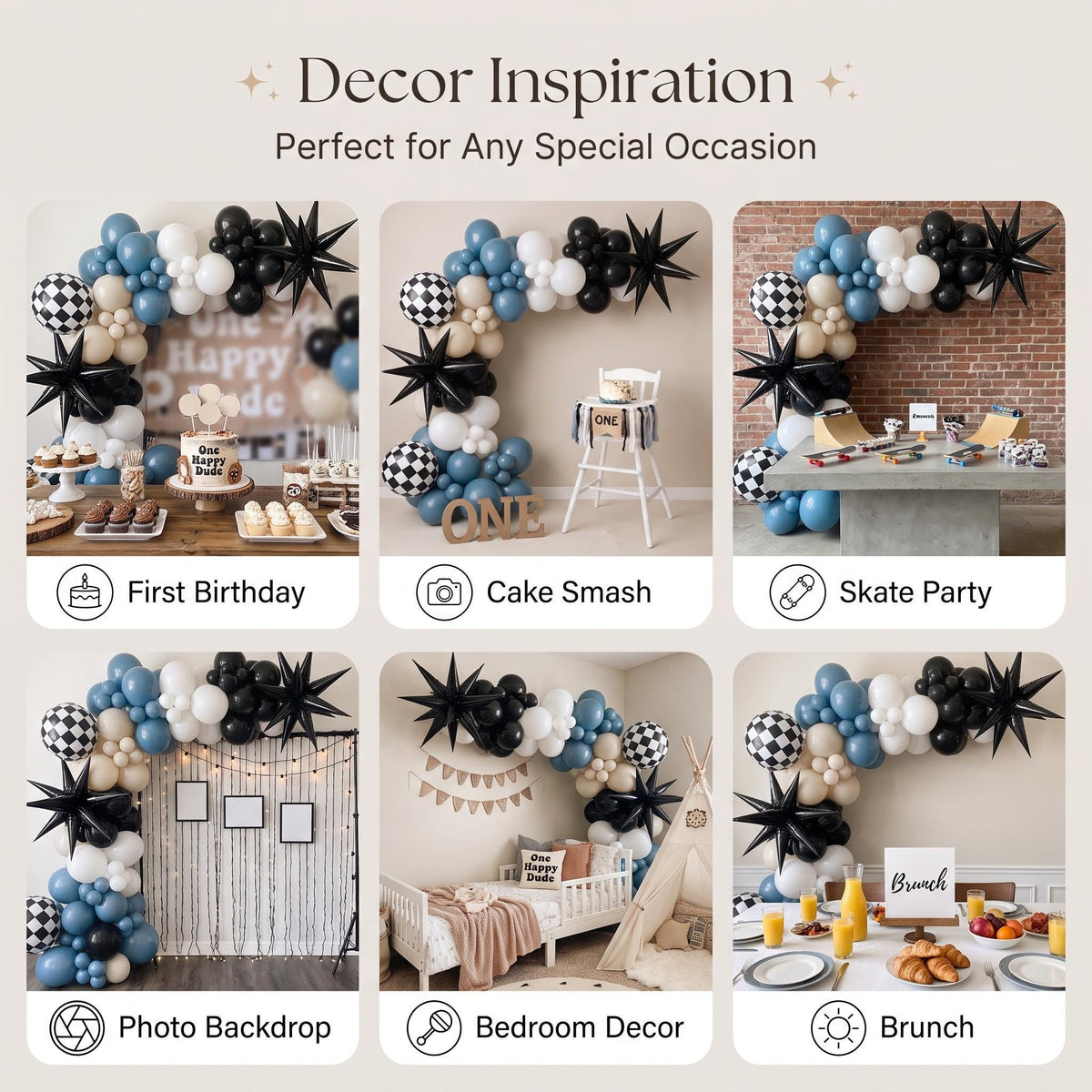 Six ways to style the One Happy Dude (Blue Slate) balloon garland