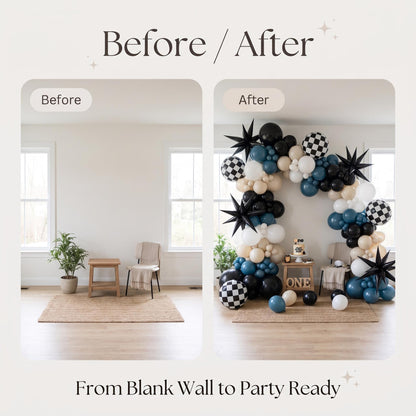 Before and after: a blank wall and the same wall with the One Happy Dude (Blue Slate) balloon garland