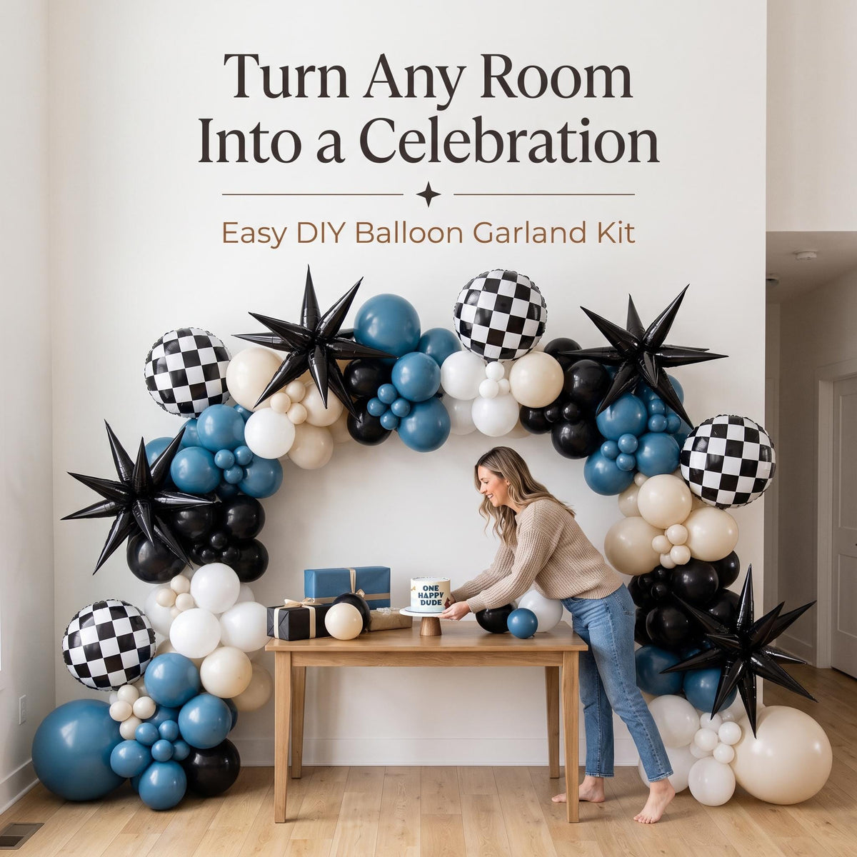 One Happy Dude (Blue Slate) balloon garland party setup