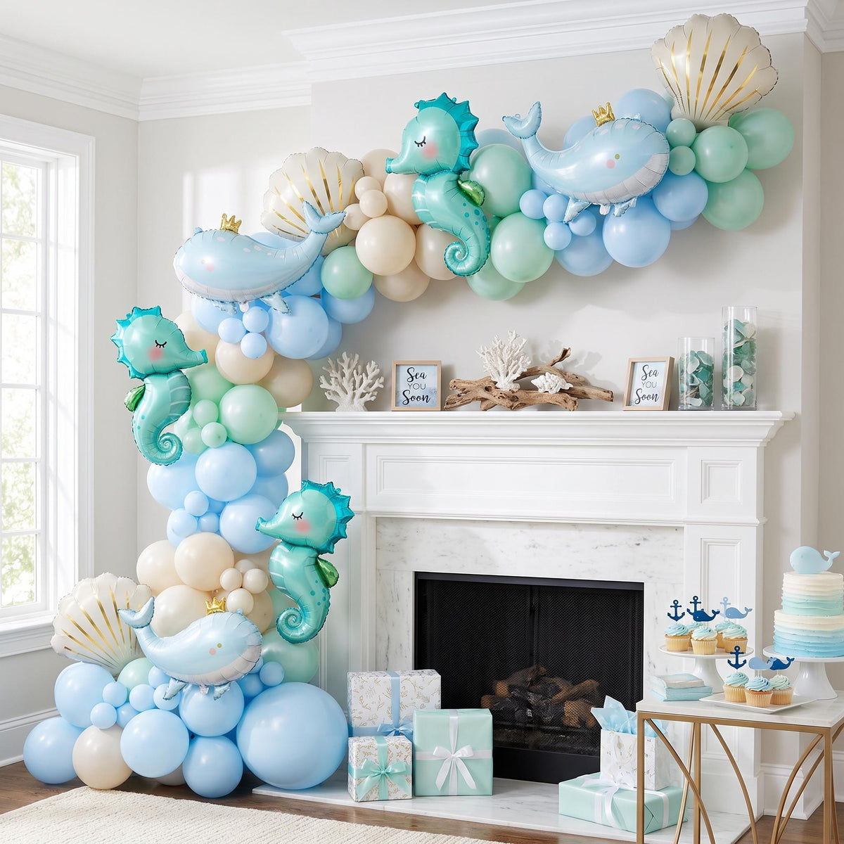 Sea You Soon Baby DIY Balloon Garland Kit Under The Sea Baby Shower Blue Whale Seahorse Seashell Foil Ocean Mint Beige P