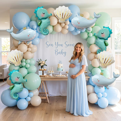 Sea You Soon (Blue) balloon garland styled at a party