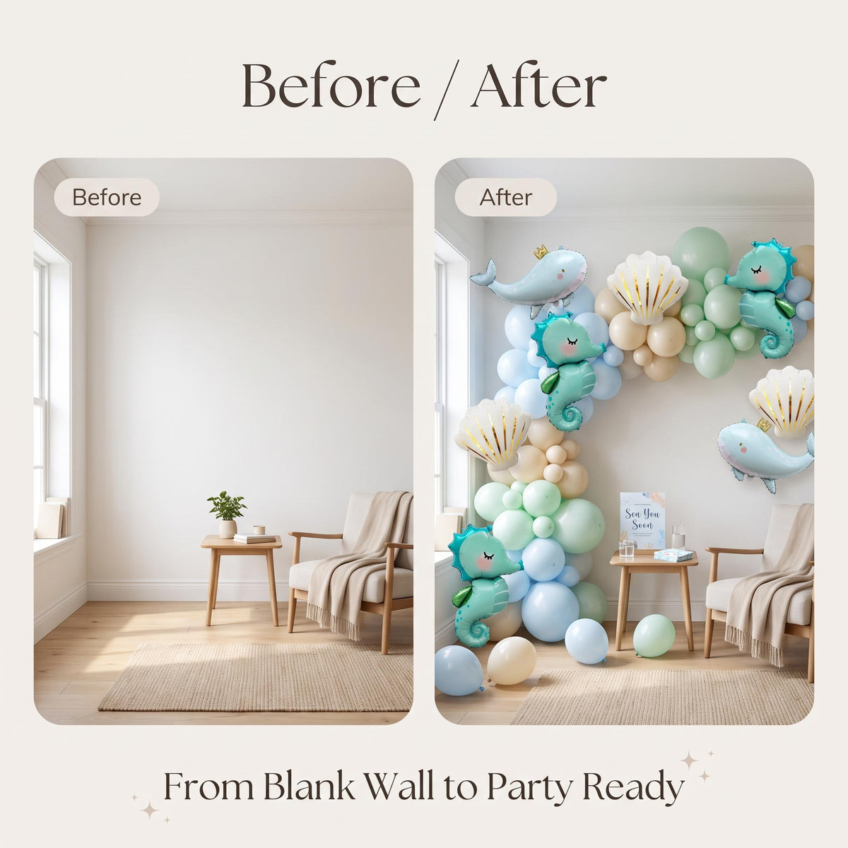Before and after: a blank wall and the same wall with the Sea You Soon (Blue) balloon garland