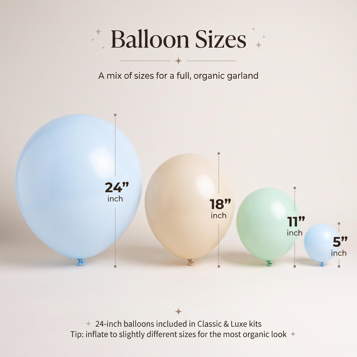24, 18, 11 and 5 inch balloons in the Sea You Soon (Blue) kit colors