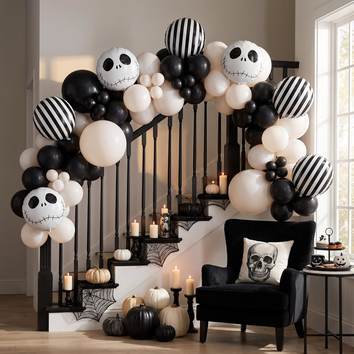 Skeleton Halloween balloon garland installed on a wall at home