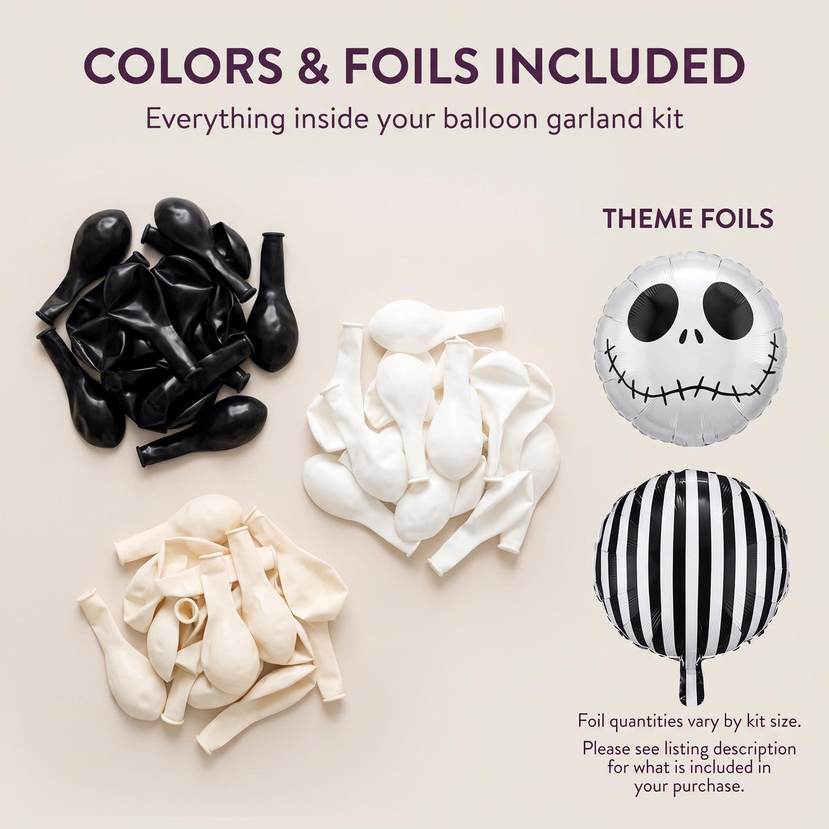 Latex colors and foil balloons included in the Skeleton Halloween balloon garland kit