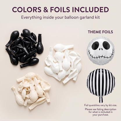 Latex colors and foil balloons included in the Skeleton Halloween balloon garland kit