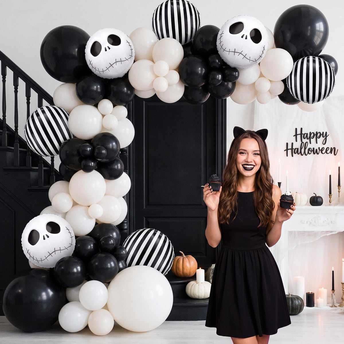 Skeleton Halloween balloon garland styled at a party