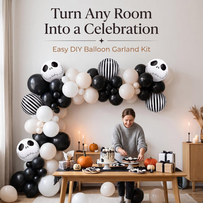 Skeleton Halloween balloon garland party setup