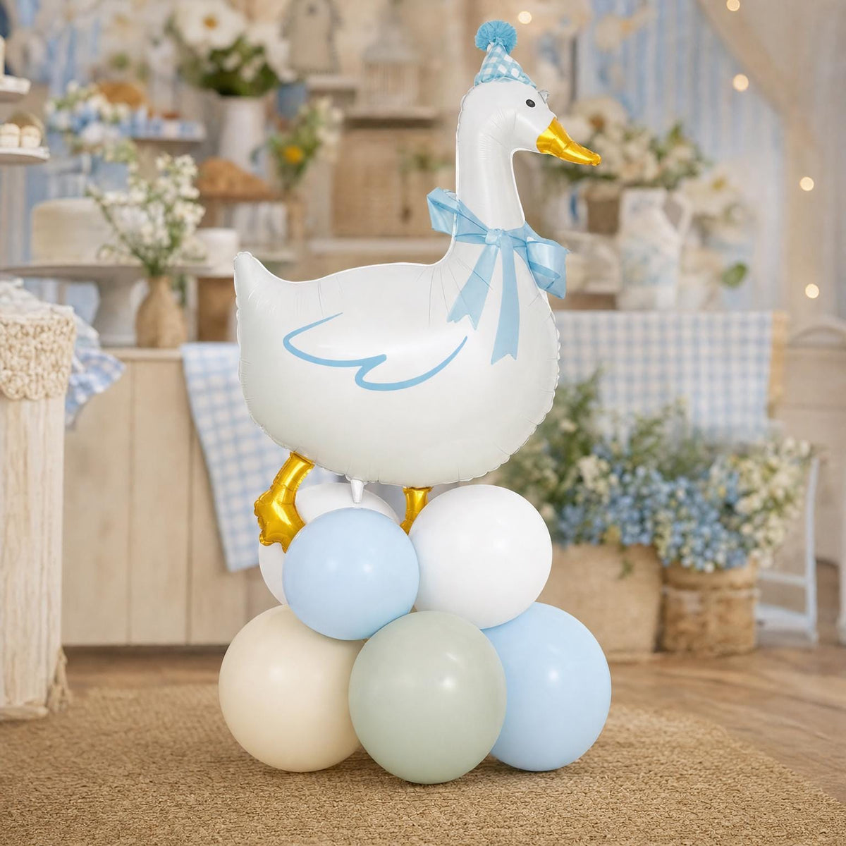 One Silly Goose (Blue) balloon tower: 8 latex balloons topped with a Blue Goose foil