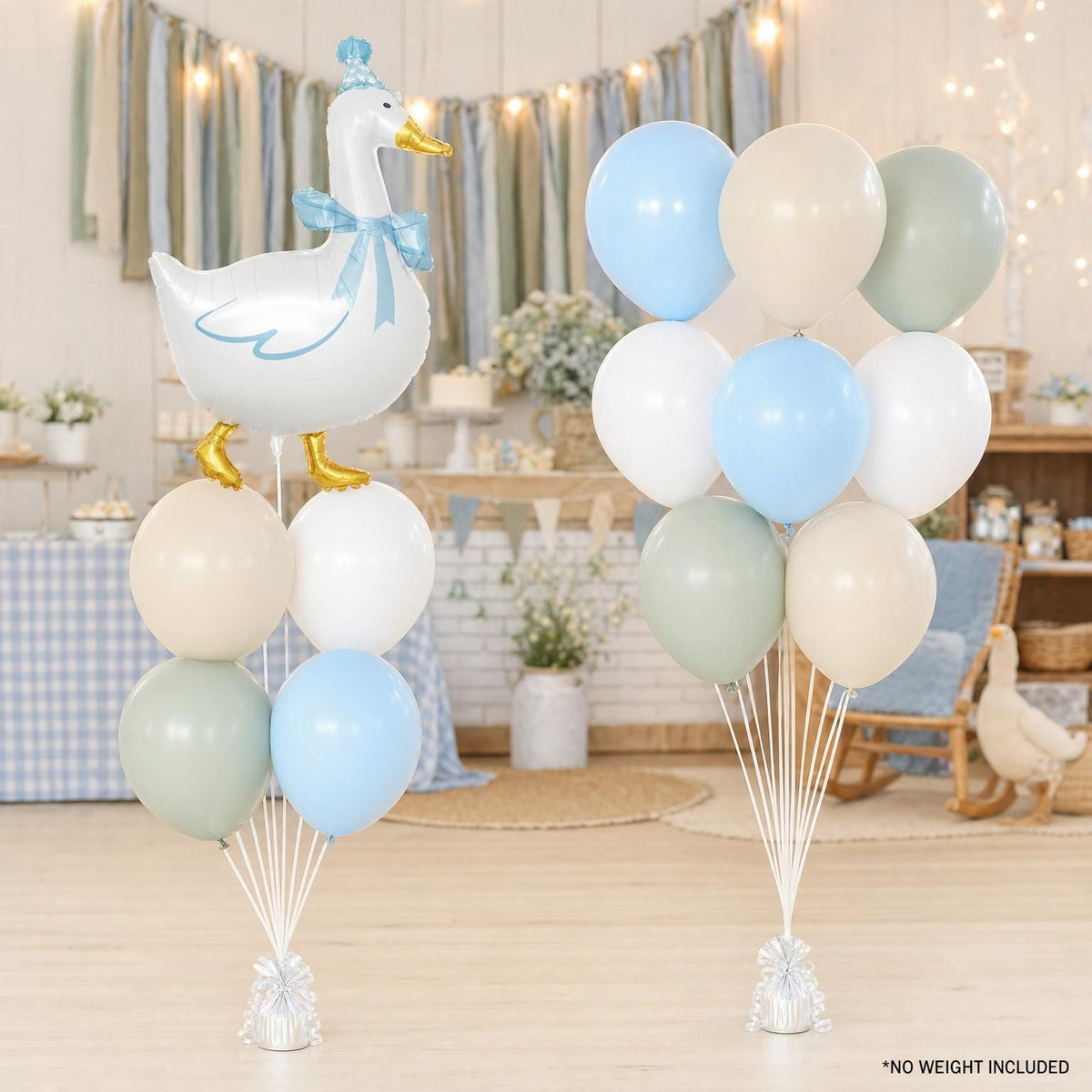 One Silly Goose (Blue) foil balloon bouquet and latex-only balloon bouquet