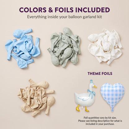 Latex colors and foil balloons included in the One Silly Goose (Blue) balloon garland kit