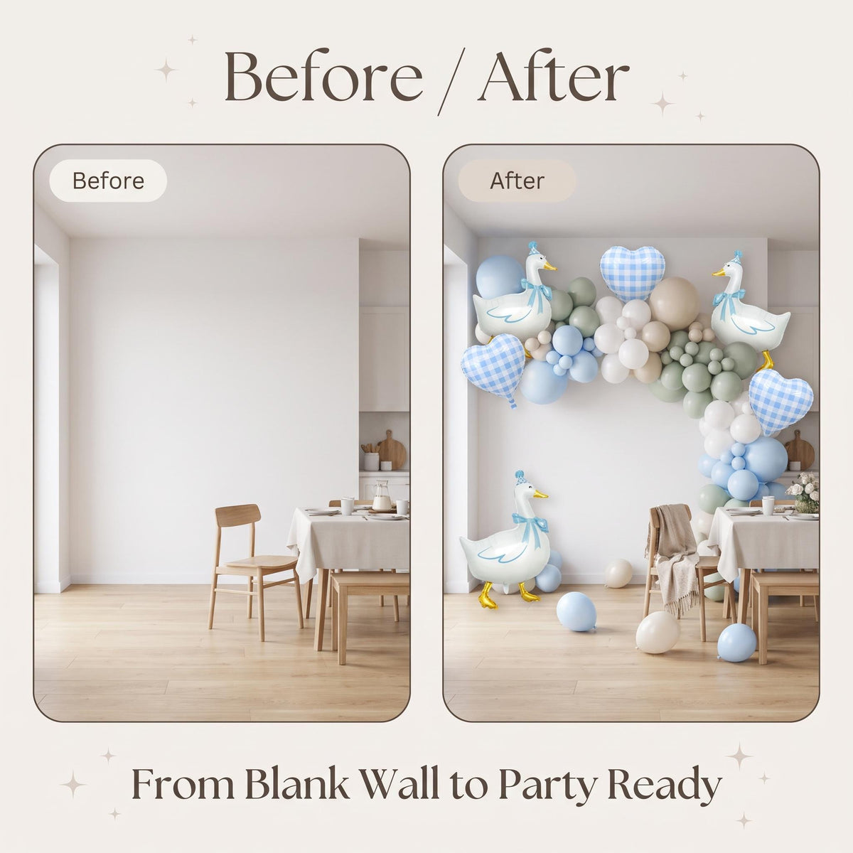 Before and after: a blank wall and the same wall with the One Silly Goose (Blue) balloon garland