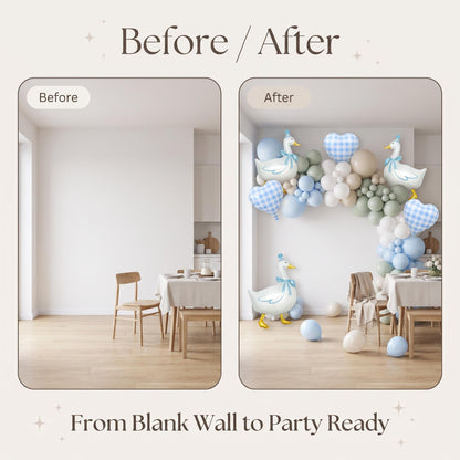 Before and after: a blank wall and the same wall with the One Silly Goose (Blue) balloon garland