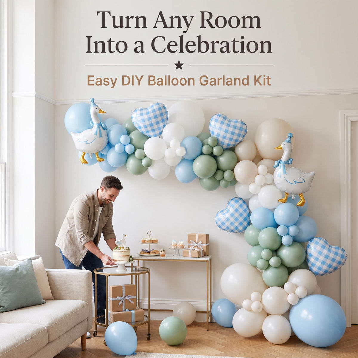 One Silly Goose (Blue) balloon garland party setup