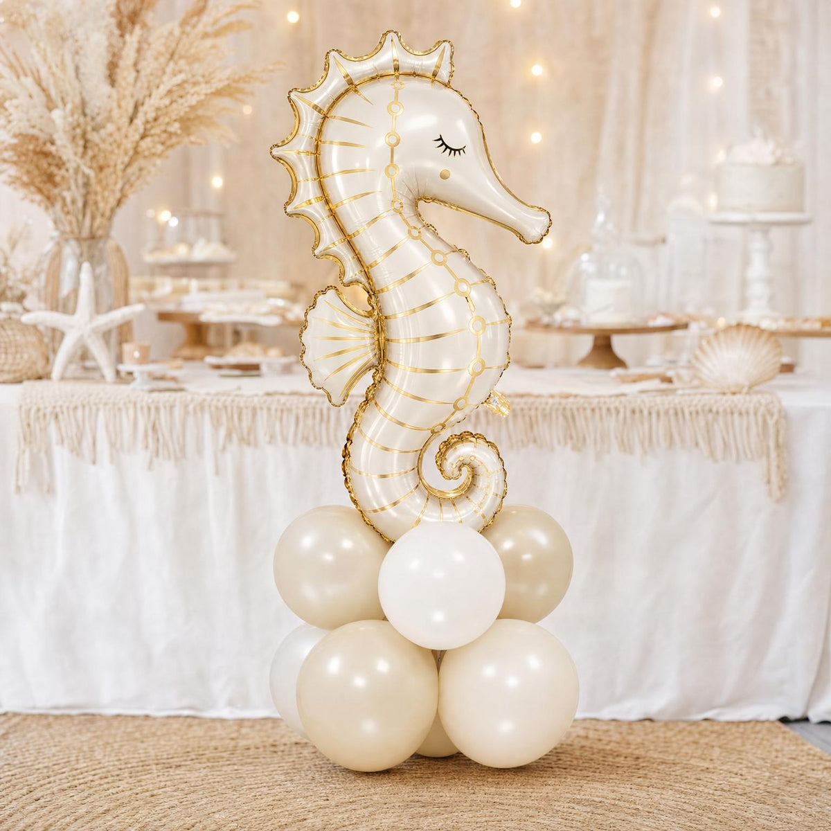 Sea You Soon (Neutral) balloon tower: 8 latex balloons topped with a Cream Seahorse foil
