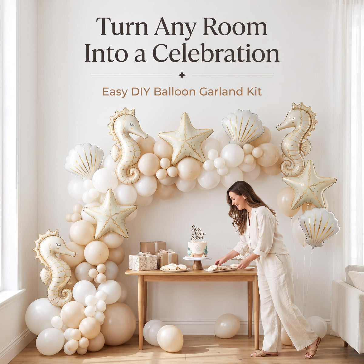Sea You Soon (Neutral) balloon garland party setup