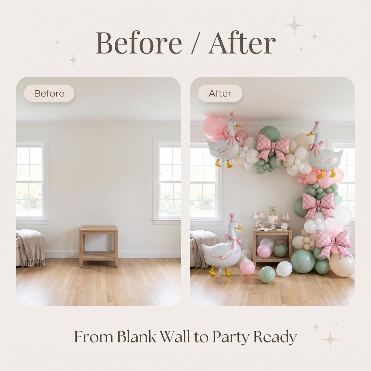Before and after: a blank wall and the same wall with the One Silly Goose (Pink) balloon garland