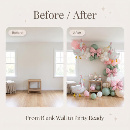 Before and after: a blank wall and the same wall with the One Silly Goose (Pink) balloon garland