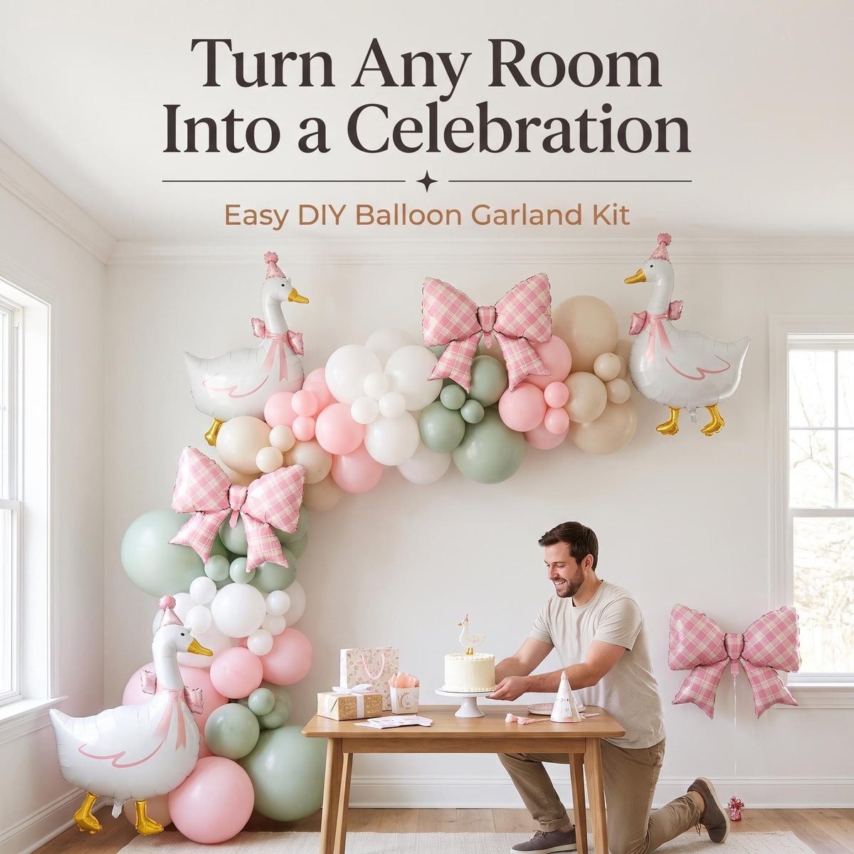 One Silly Goose (Pink) balloon garland party setup
