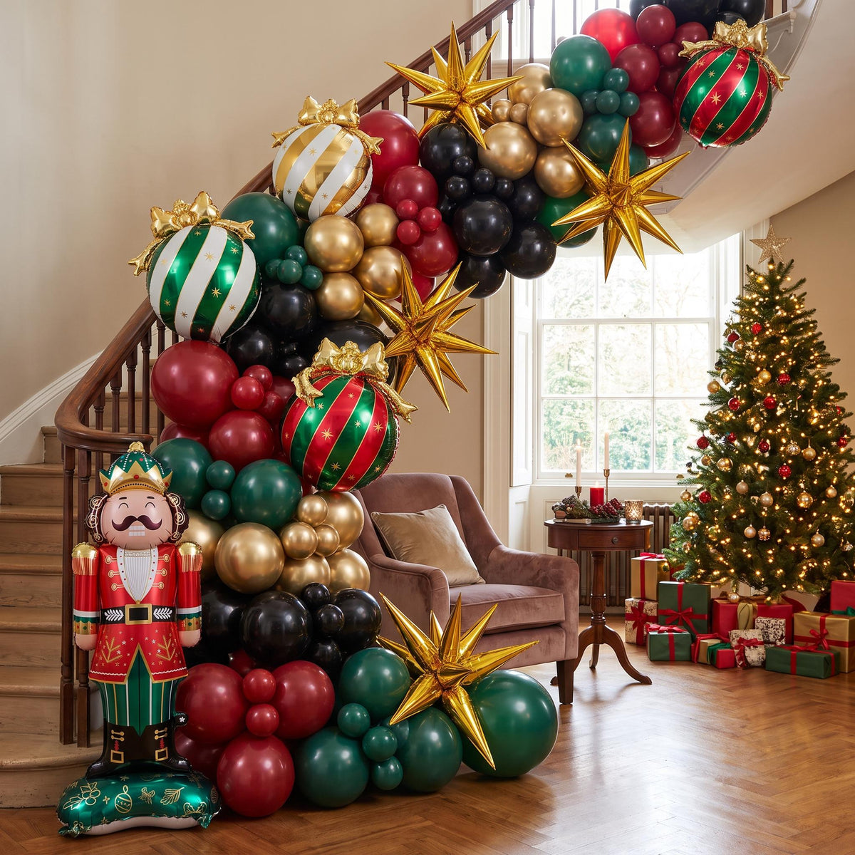 Nutcracker Christmas balloon garland installed on a wall at home